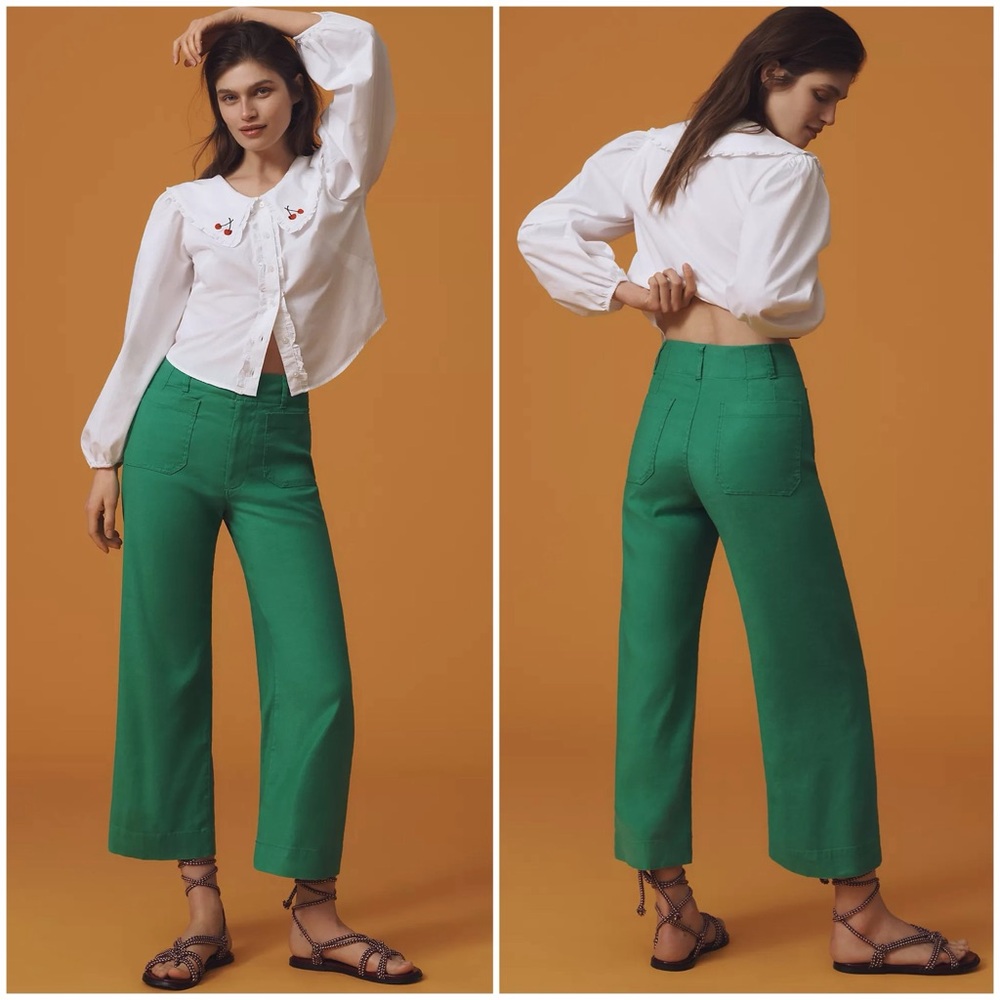 Anthropologie Emerald Green Wide-Leg High-Rise Pants